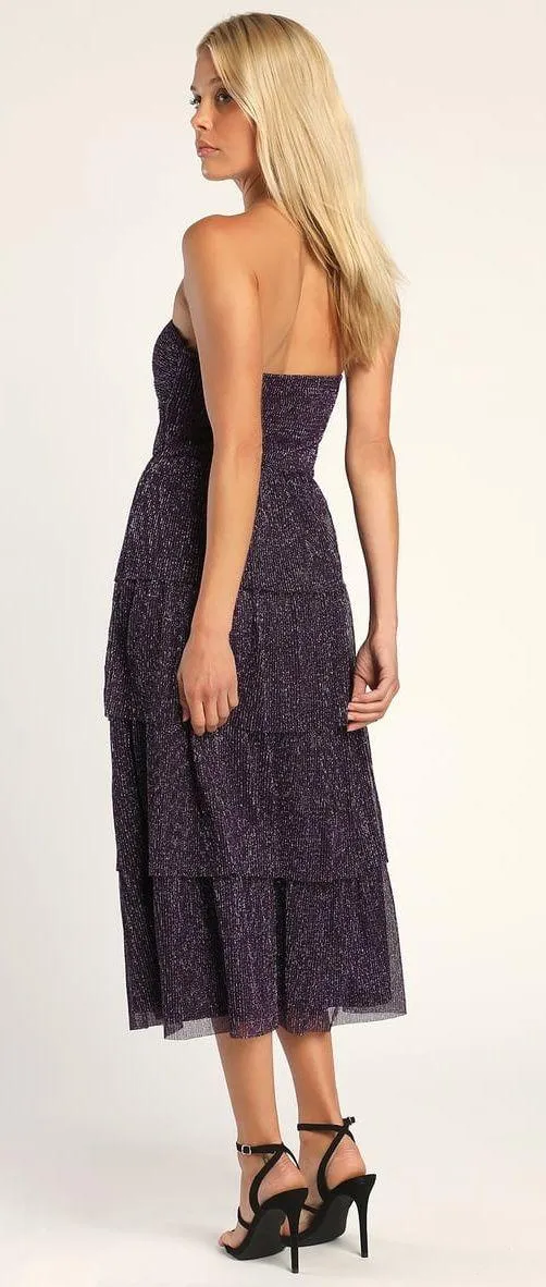 Lulus NWT Tier to Dance Purple Shiny Lurex Tiered Strapless Midi Dress - Image 4