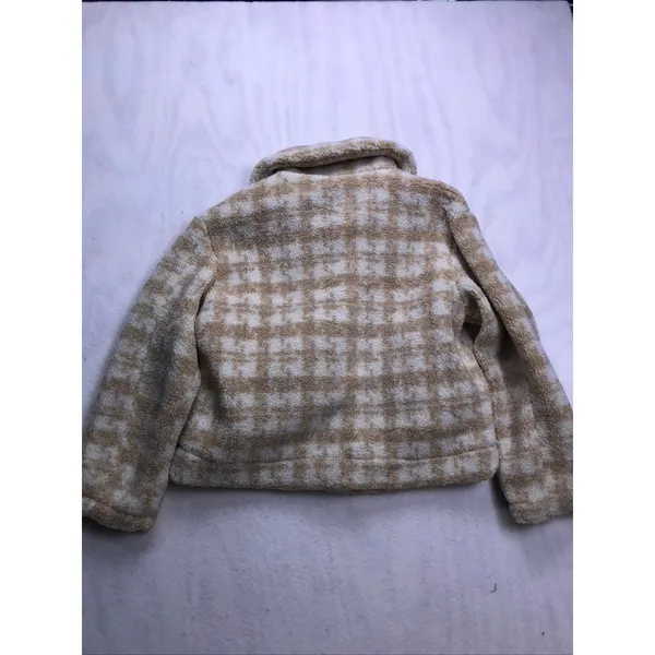 Blu Pepper Tan Plaid‎ Faux Fur Sherpa Button Up Cropped Jacket Womens Medium - Image 9