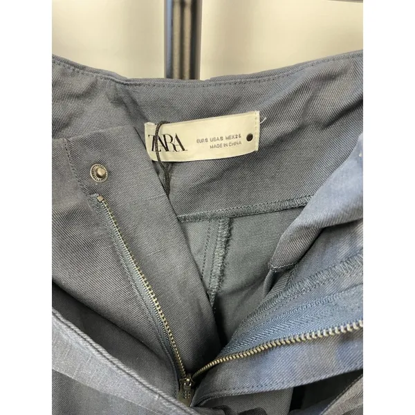 Zara Womans Tapered Cargo Pants High Rise Paperbag Sz S Blue Gray Linen‎ Blend - Image 11