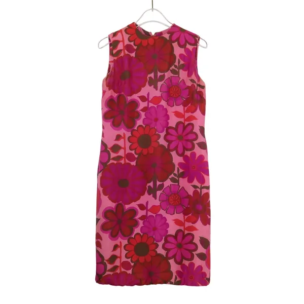 Musette 1960s Vintage Pink Floral High Neck Sleeveless Mini Dress XS Retro Mod - Image 2