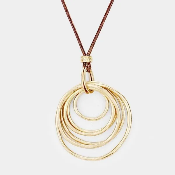 New Womens Boutique Worn Gold Layered Metal Hoop Pendant Long Necklace - Image 2