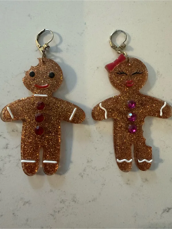 Betsey Johnson Holiday Gingerbread Glitter Earrings - Gold Gingerbread Couple - Image 2