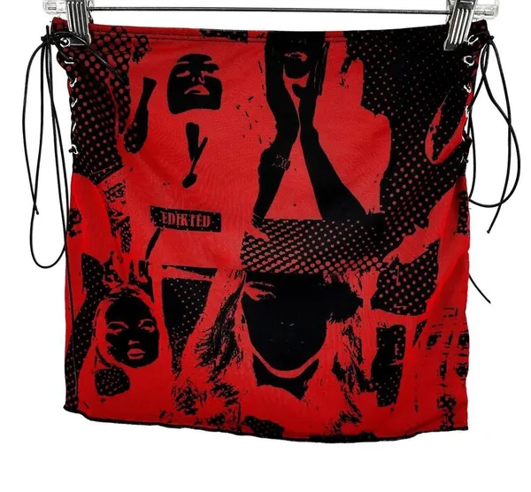 Edikted Tati Mini Mesh Skirt Adjustable Lace-Up Goth Steetwear Red Black Medium - Image 2