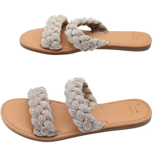 A New Day Slide Sandals Womens 8 Braided Rhinestone Silver Tan Flat Excellent - Image 2