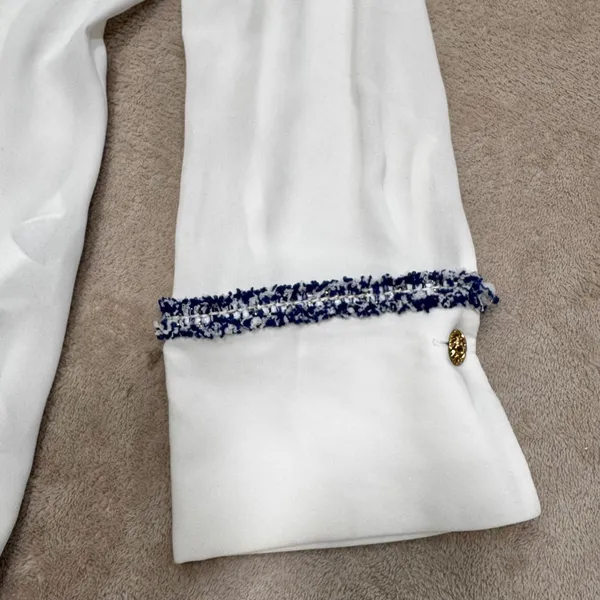 Zara White Button Down Blouse Blue Braided Tweed Trim‎ Gold Button Small - Image 7