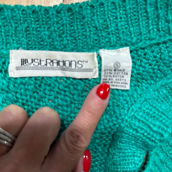 Illustrations Vintage Teal Chunky Knit V-Neck Sweater‎ Vest Ramie Cotton Small - Image 3