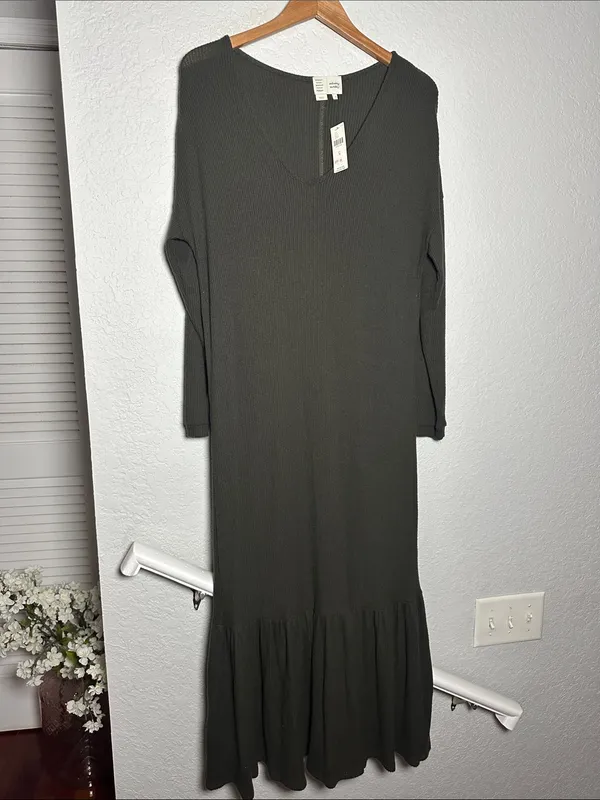 NEW Anthropologie Taylor Ribbed Maxi Dress Saturday Sunday Olive Green Medium - Image 3