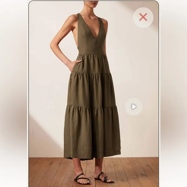 Shona Joy Linen Juliana Plunged Cross Back Midi Dress‎ In Forest size 4 - Image 10