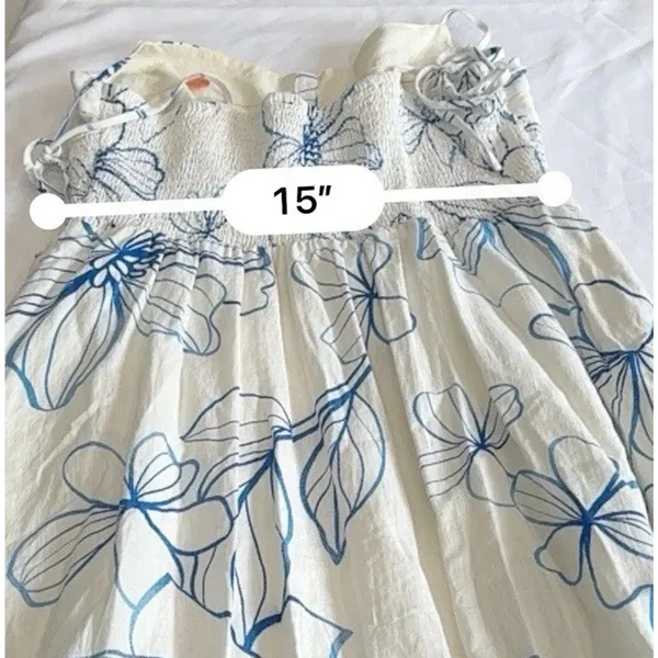 Gap Linen-Blend Smocked Corset Midi Dress Blue & White Floral Size Medium - Image 12