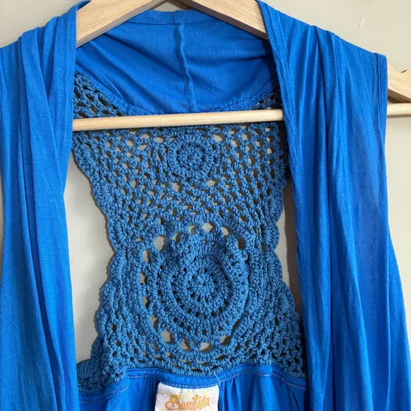 Santiki Crochet Racerback Open Front Vest Medium Blue Womens Boho Draped - Image 3