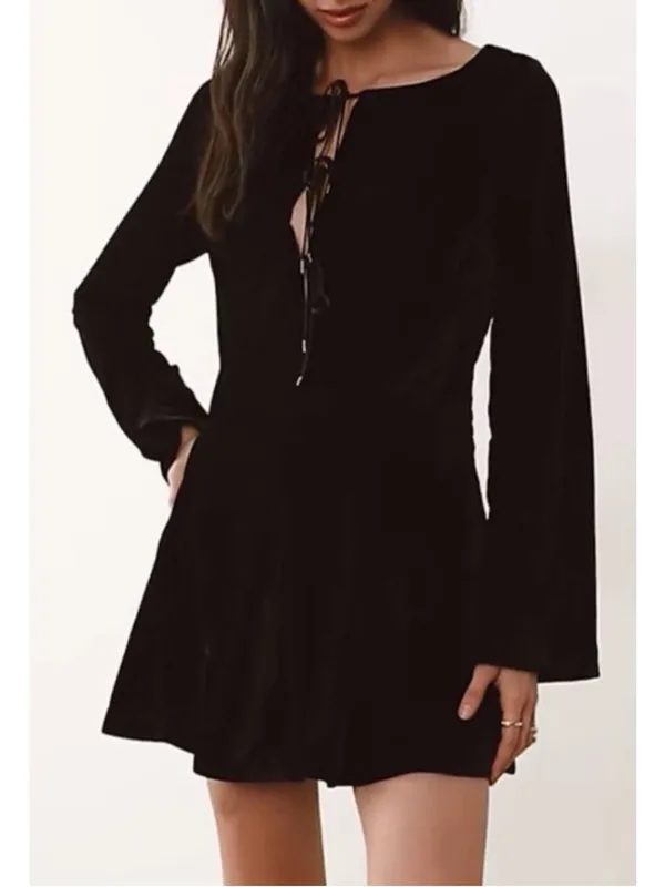 Free People Black Velvet Lace-Up Long Sleeve Mini Dress Size 8 - Image 6