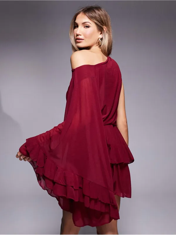 ASOS DESIGN stretch chiffon one sleeve ruffle mini dress in burgundy Size S - Image 2