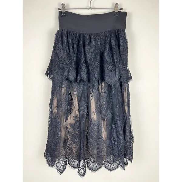 Black Lace Layered Peplum Midi Skirt Whimsygoth Gothic Romance XS - Image 13