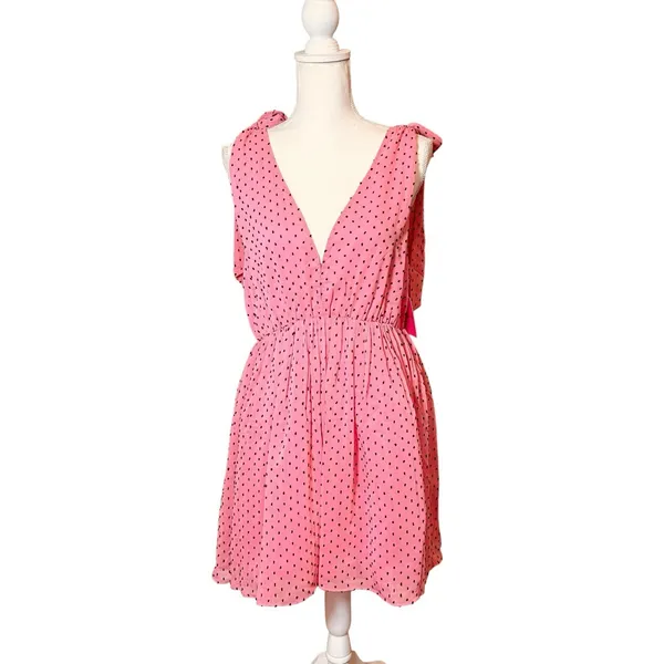 BuddyLove Melanie Tie Shoulder Mini Dress Pink Black‎ Polka Dot V-Neck Large NWT - Image 2