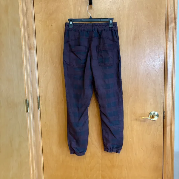 Anthropologie Plaid Button Fly Jogger Pants Womens XS Purple Black‎ Linen Blend - Image 3
