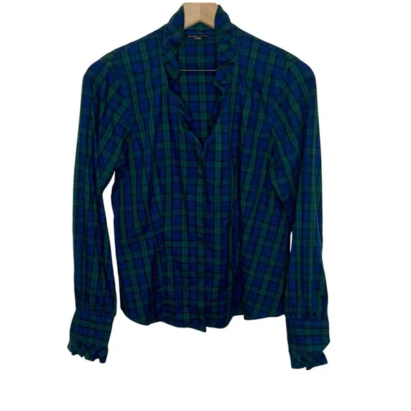 BROOKS BROTHERS Women's 8 Tartan Navy Plaid Long Sleeve Button Top Ruffle Neck - Image 3