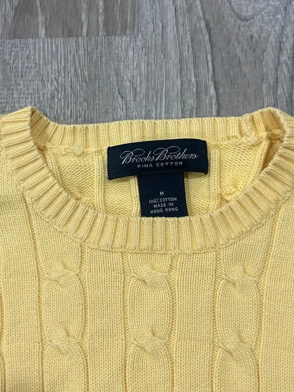 Brooks Brothers Cable Knit Yellow Classic Preppy Cotton Office Sweater Size M - Image 4