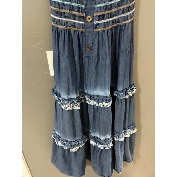 Lapis Womens Blue Denim Tiered Maxi Dress‎ Smocked Waist Ruffle Boho L Cottage - Image 4