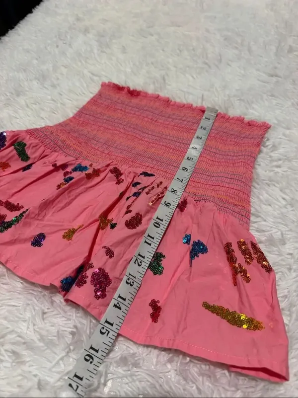 Queen of Sparkles Sequin Splatter Paint Smocked Skirt in Pink Small - Image 5