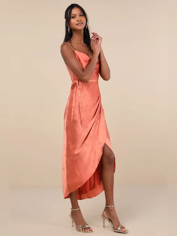 LULU’S Sophisticated Sight Peach Satin Jacquard Cowl Midi Dress - Image 3