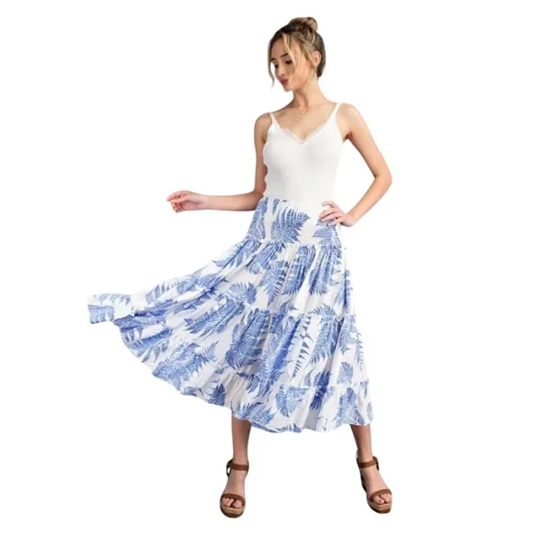 ee:some Blue White Botanical Fern Print Tiered Ruffle Maxi Skirt Dress‎ Smocked - Image 11