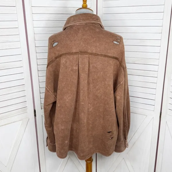 Oddy‎ Shacket Jacket Women Medium Large Brown Distressed Jersey Knit Cropped - Image 4