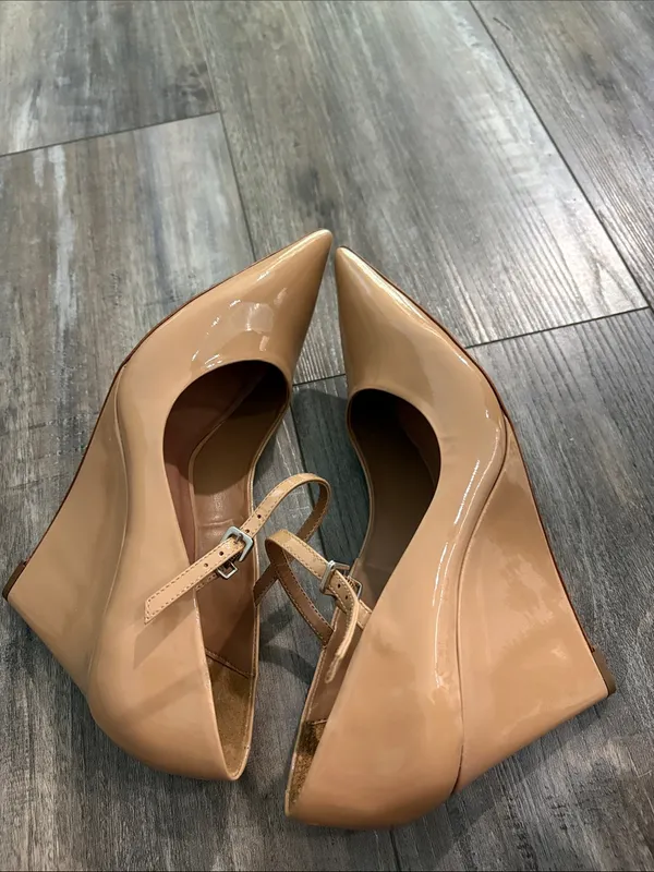 NEW MAEVE The Sibley Mary Jane Patent Leather Wedge Heels In Beige Size 39 - Image 6