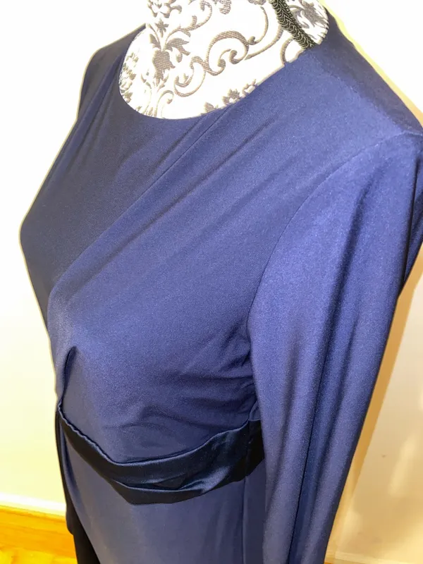 American Living Gabrielle Navy Blue Longsleeve Ruffle Satin Sheath Dress Size 6 - Image 6
