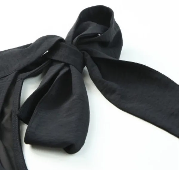 NEW Black Asymmetric One Shoulder Tied with Bow Sash Pleated Blouse L - Image 9