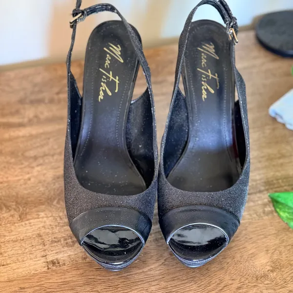 Marc Fisher Slingback Heels Women 8M Black‎ Glitter Peep Toe Platform Pump 5179 - Image 3
