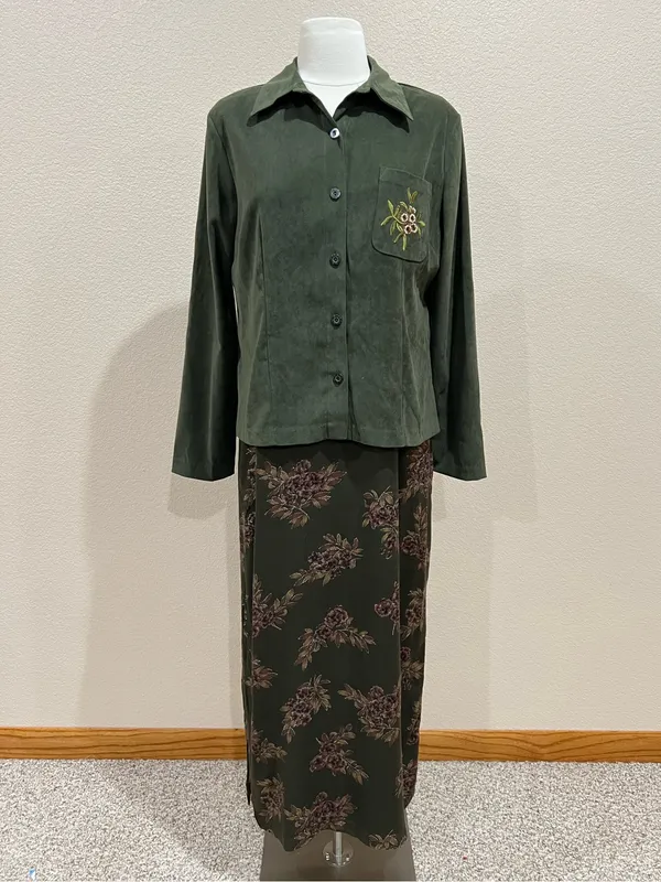 Erika Vintage 90s Two Piece Set Olive Green Floral Maxi Dress & Shacket Sz Small - Image 4