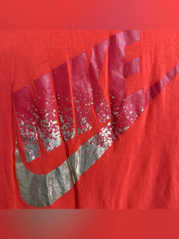 Nike Women’s T-Shirt Red Long Sleeve Scoop Neck Round Hem Gold Foil Swoosh Sz M - Image 2