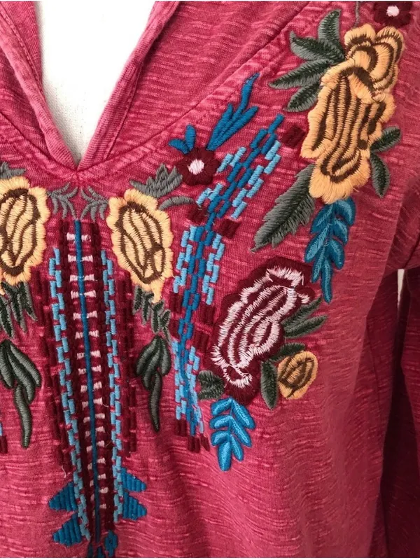 Avani del Amour xl boho hooded cotton embroidered top pink red - Image 3