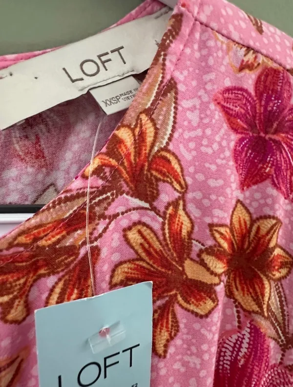 Loft Women’s Pink Floral Midi Dress w/ Tie Waist Size XXSP - Image 3