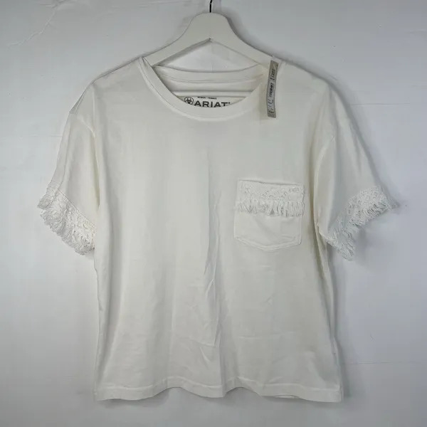 Ariat Size M Tassel Top Relaxed Fit Short Sleeve‎ Cloud Dancer Pullover Women's - Image 3