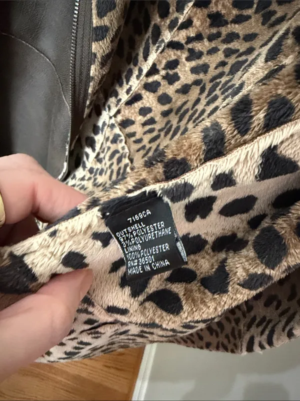 Leopard Trim Brown faux leather Coat - Image 4