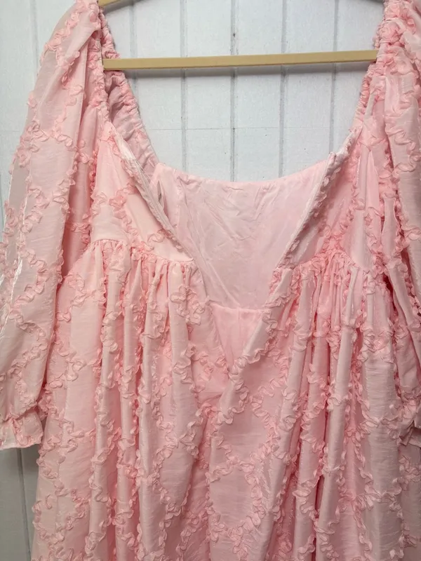 Mable Ribbon Textured Puff Sleeve Babydoll Mini Dress In Baby Pink‎ Size M - Image 8