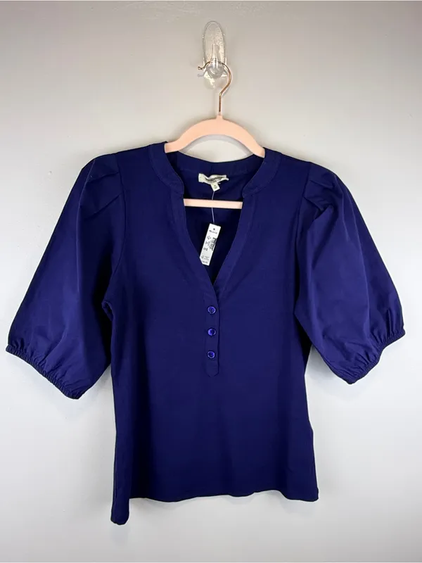 Madewell Puff Sleeve Henley Knit Top Blue Modal Blend Size XL NWT - Image 6
