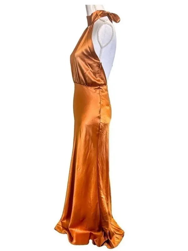 Something Navy Orange Halter Cutout Formal Bridesmaid Wedding Guest Gown Size S - Image 7