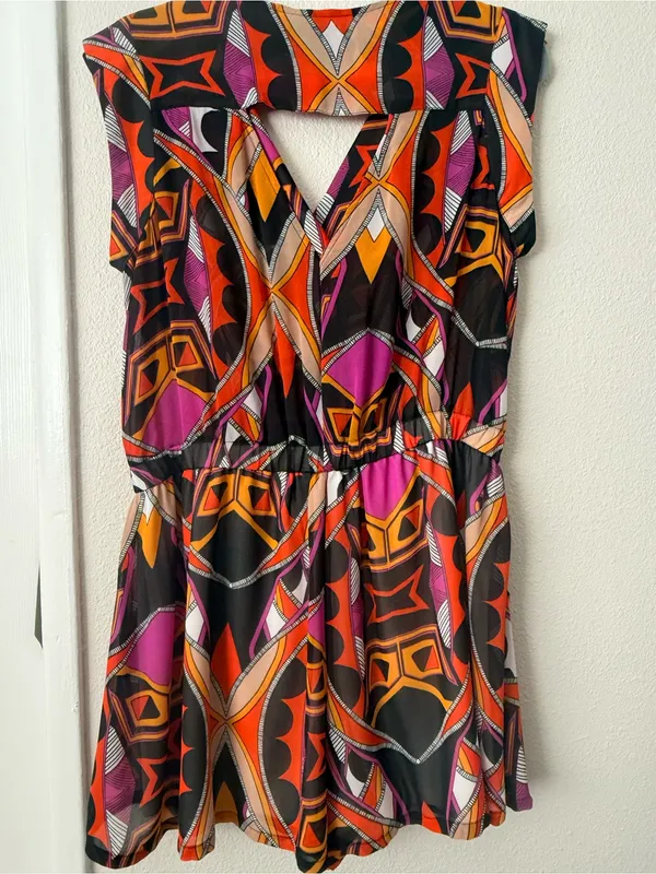 XOXO Black Mini Romper with Orange & Purple Geometric Print - Image 2