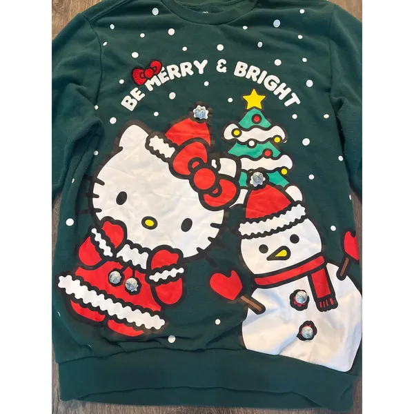 Hello Kitty Be Merry Bright Christmas‎ Tree Snowman Sweatshirt Green Womens M - Image 2