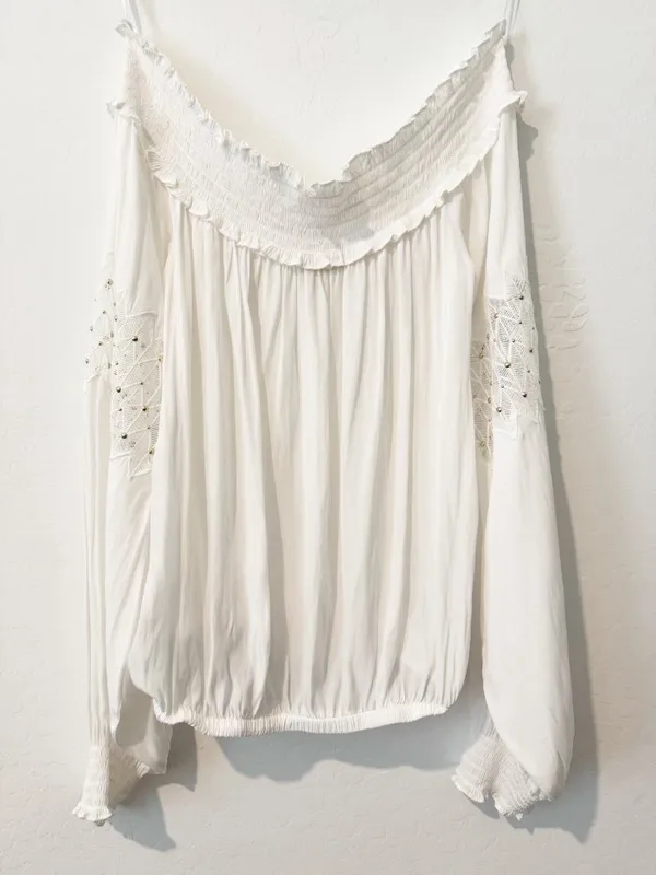 Ramy Brook Marla Blouse Size Small White Off‎ Shoulder Smocked Euro Summer Chic - Image 11