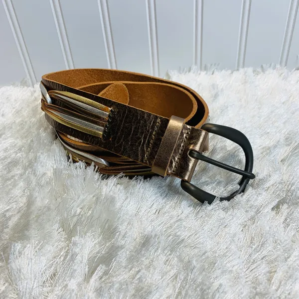 Fossil Gold Silver Wide Leather Belt Sz Medium - Image 4