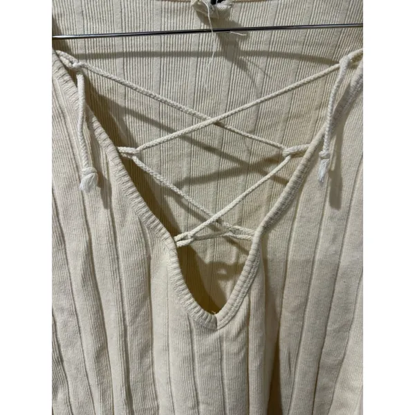 We The Free Cream Ribbed Knit Lace Up V Neck Long Sleeve Top Sz S W - Image 3