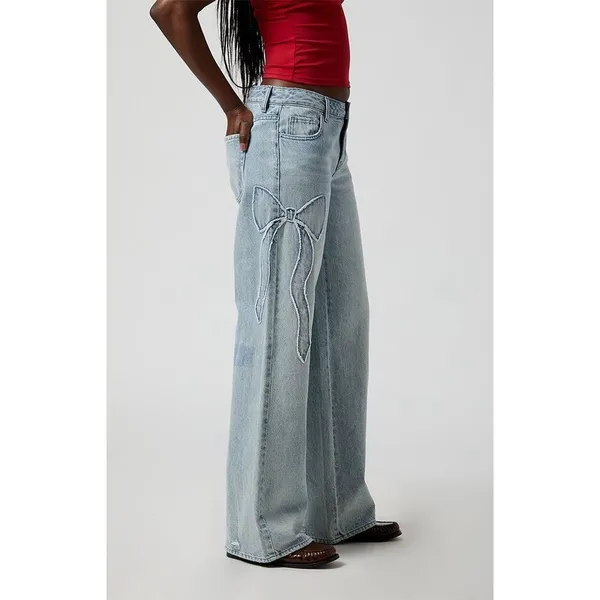PacSun Casey Low Rise Baggy Jeans Women 23 Bow Detail Wide Leg Light Wash NWT - Image 8