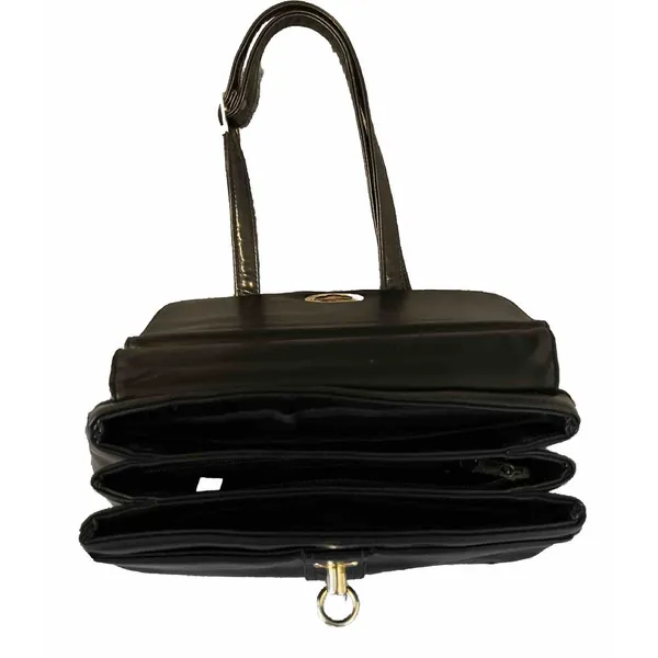 HATO HASI Black Leather Crossbody Bag 3 Compartment Gold Hardware Medium Purse - Image 3