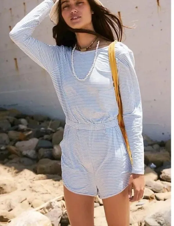 FREE PEOPLE Yvette Striped Romper in Chambray Size X-Small - Image 6