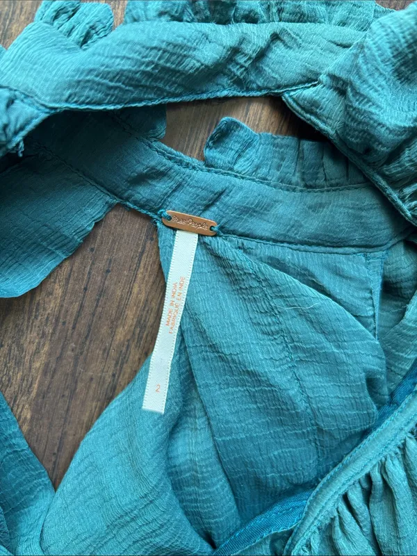 Free People Whimsy Fairycore Teal Green Ruffle Cold Shoulder Mini Dress | Sz 2 - Image 10