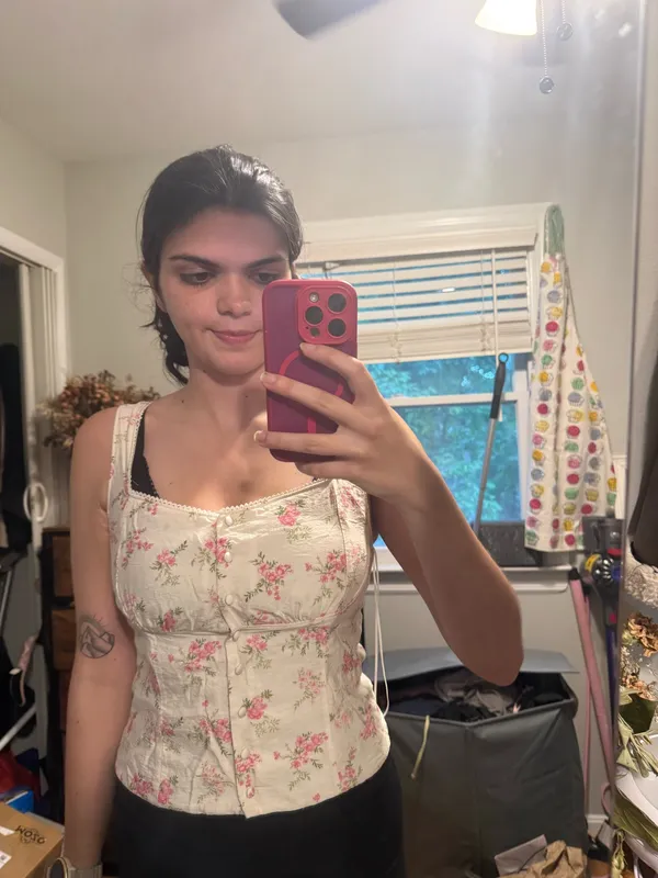 Kirious Pink Floral White Cotton Smocked Crop Tank Top - Image 3