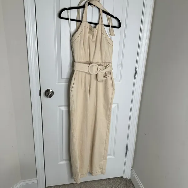 Anthropologie Moon River cream denim belted halter wide leg jumpsuit‎ small chic - Image 3